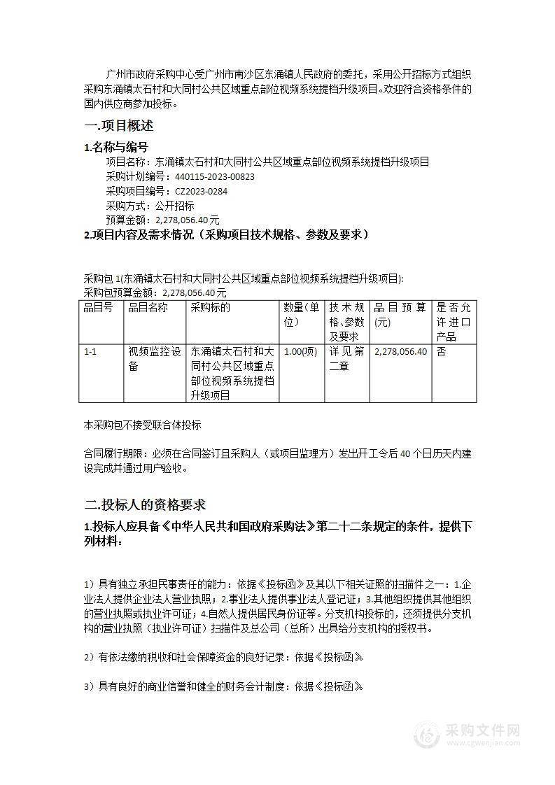 东涌镇太石村和大同村公共区域重点部位视频系统提档升级项目