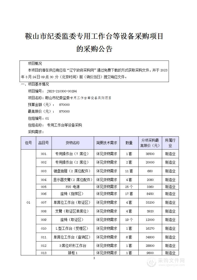 中国共产党鞍山市纪律检查委员会专用工作台等设备采购项目