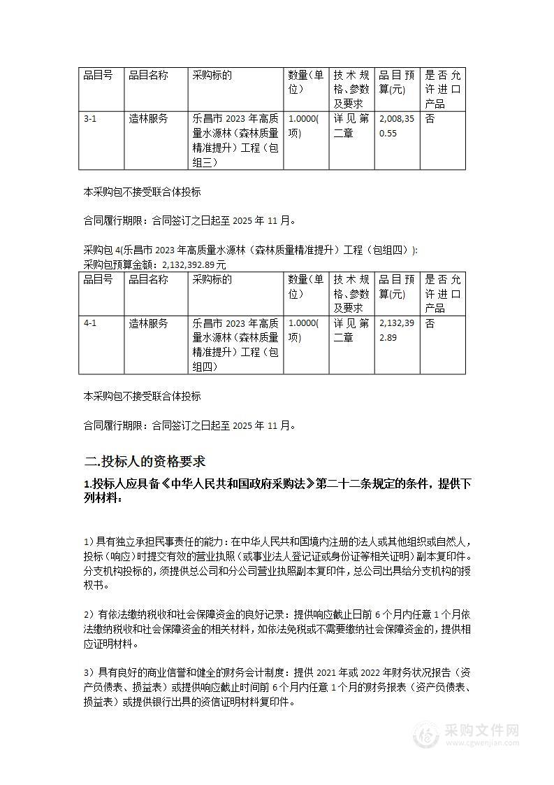 乐昌市2023年高质量水源林（森林质量精准提升）工程