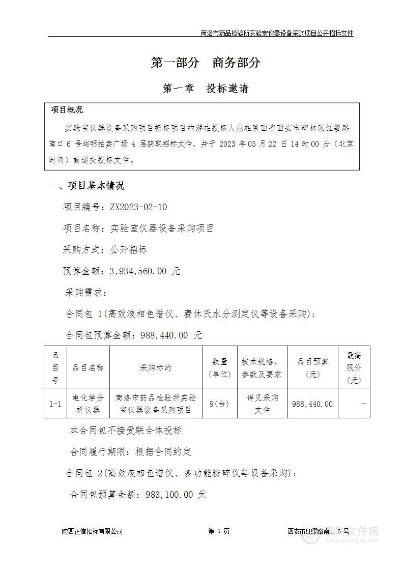 商洛市药品检验所实验室仪器设备采购项目