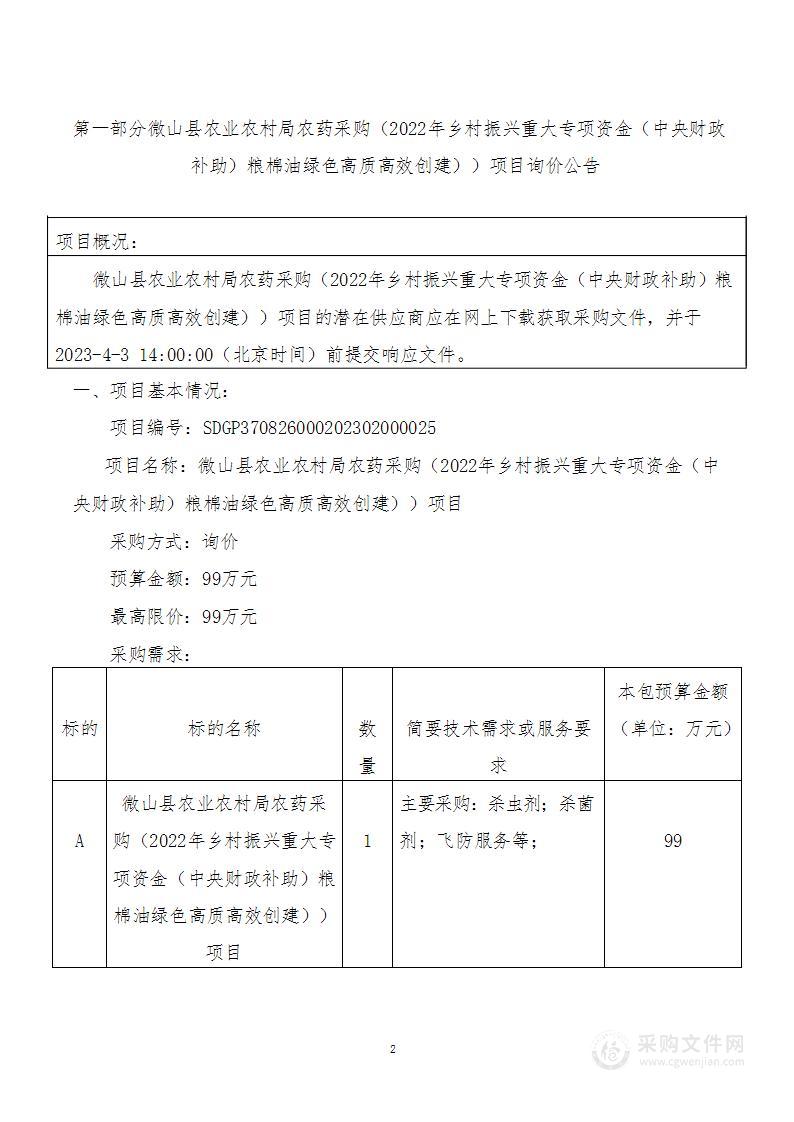 微山县农业农村局农药采购（2022年乡村振兴重大专项资金（中央财政补助）(粮棉油绿色高质高效创建)）项目