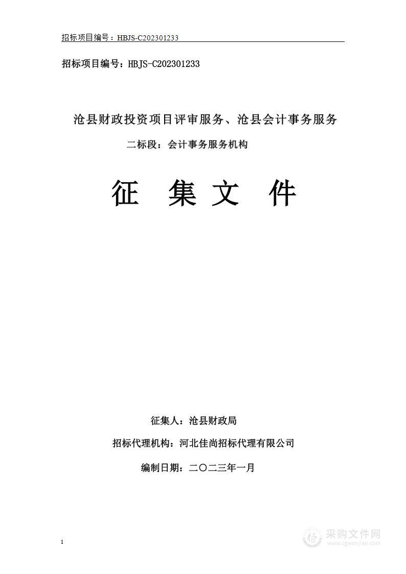 沧县财政投资项目评审服务、沧县会计事务服务（二标段：会计事务服务）