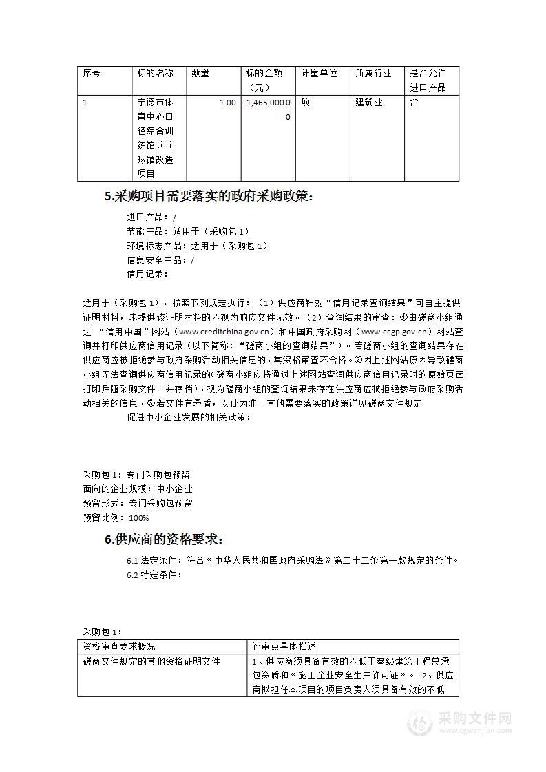 宁德市体育中心田径综合训练馆乒乓球馆改造项目