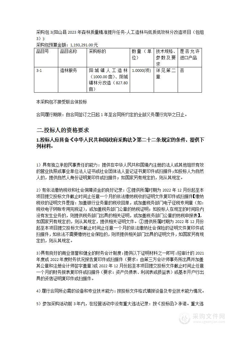 阳山县2023年森林质量精准提升任务-人工造林与低质低效林分改造项目