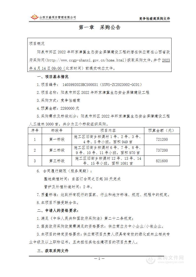 阳泉市郊区2022年环京津冀生态安全屏障建设工程