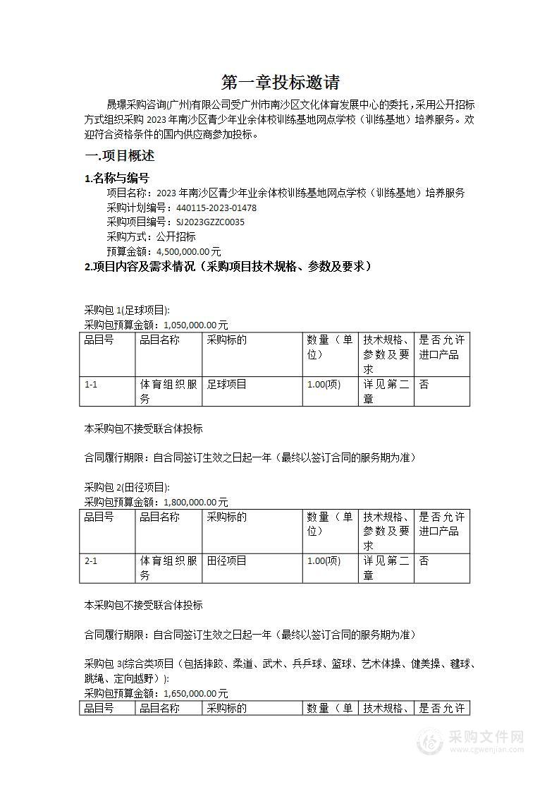 2023年南沙区青少年业余体校训练基地网点学校（训练基地）培养服务