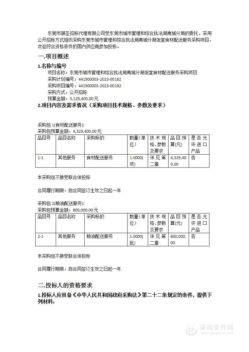 东莞市城市管理和综合执法局南城分局饭堂食材配送服务采购项目