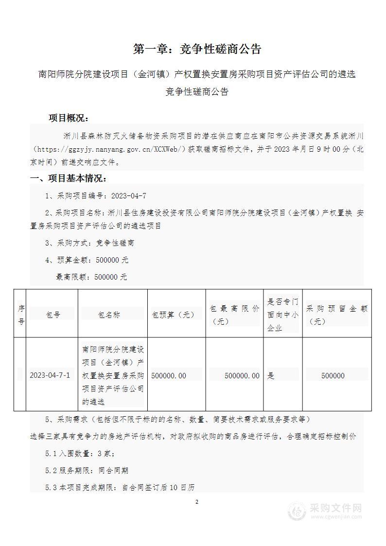 淅川县住房建设投资有限公司南阳师院分院建设项目（金河镇）产权置换 安置房采购项目资产评估公司的遴选项目