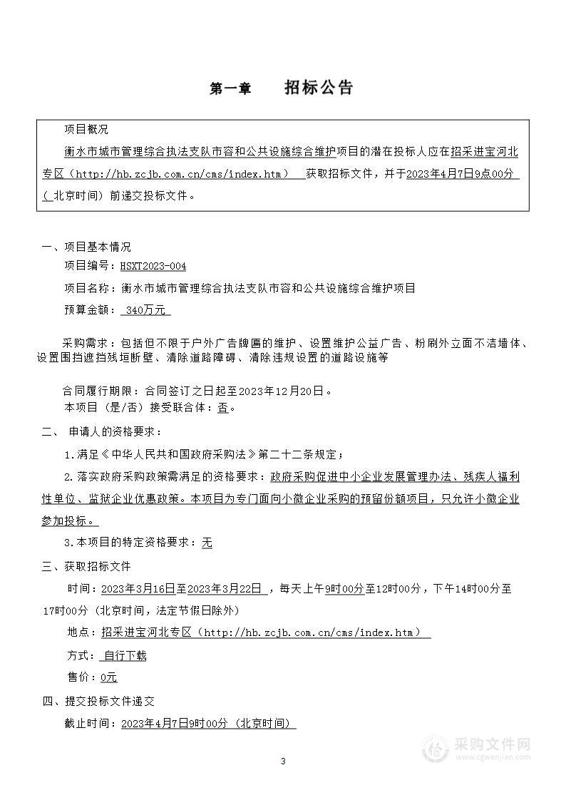 衡水市城市管理综合执法支队市容和公共设施综合维护项目