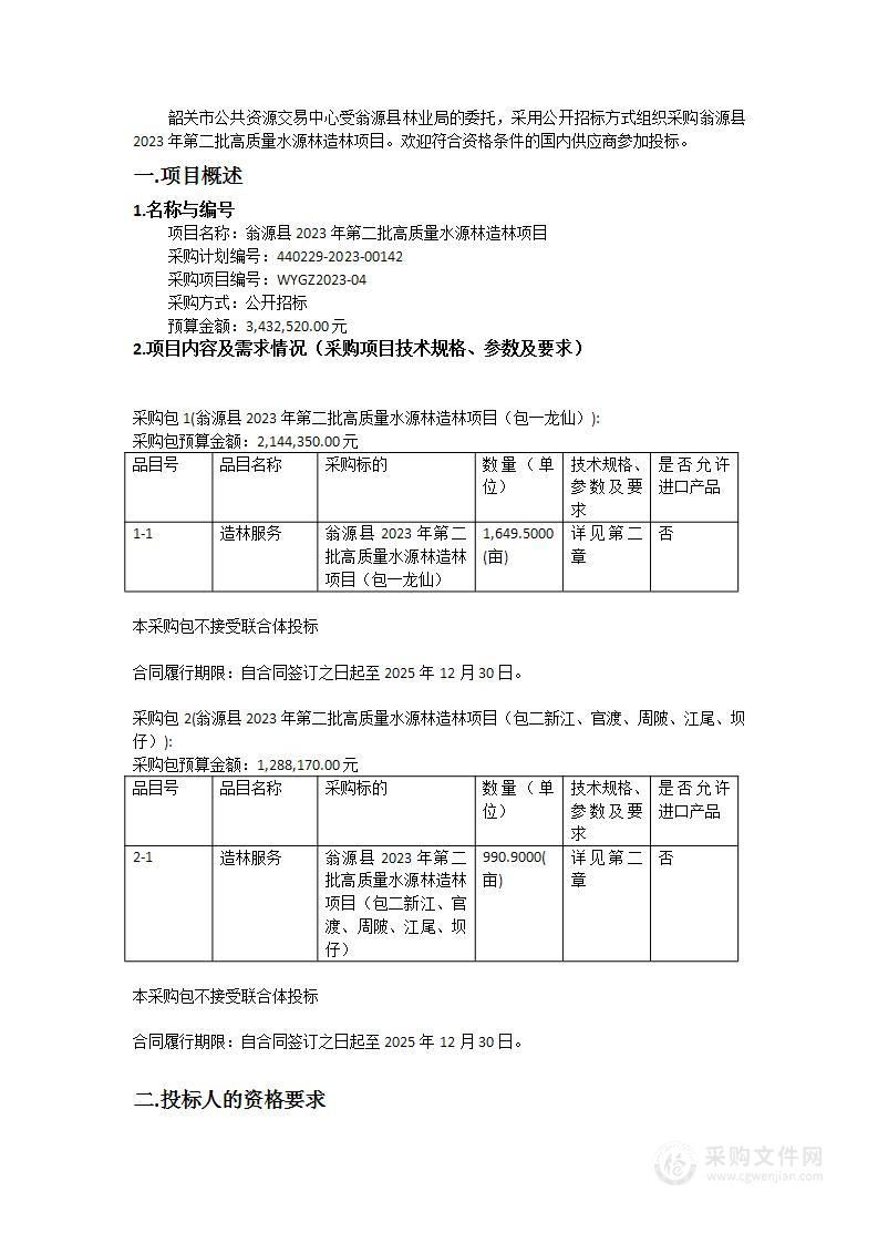 翁源县2023年第二批高质量水源林造林项目