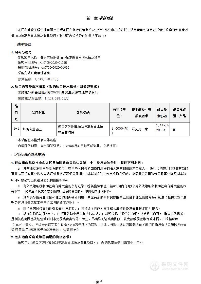 新会区睦洲镇2023年高质量水源林造林项目