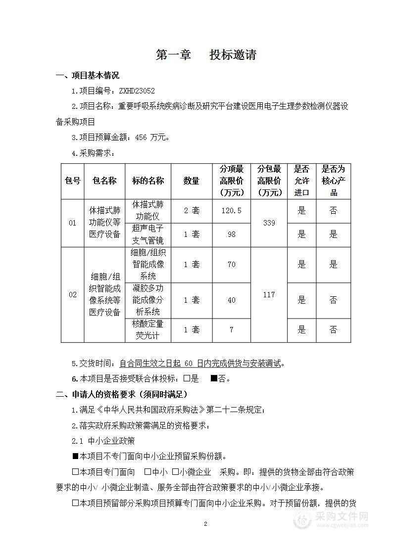 重要呼吸系统疾病诊断及研究平台建设医用电子生理参数检测仪器设备采购项目