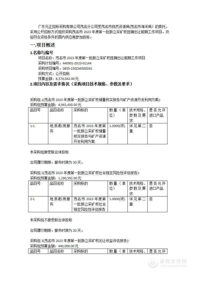 茂名市2023年度第一批新立采矿权挂牌出让前期工作项目