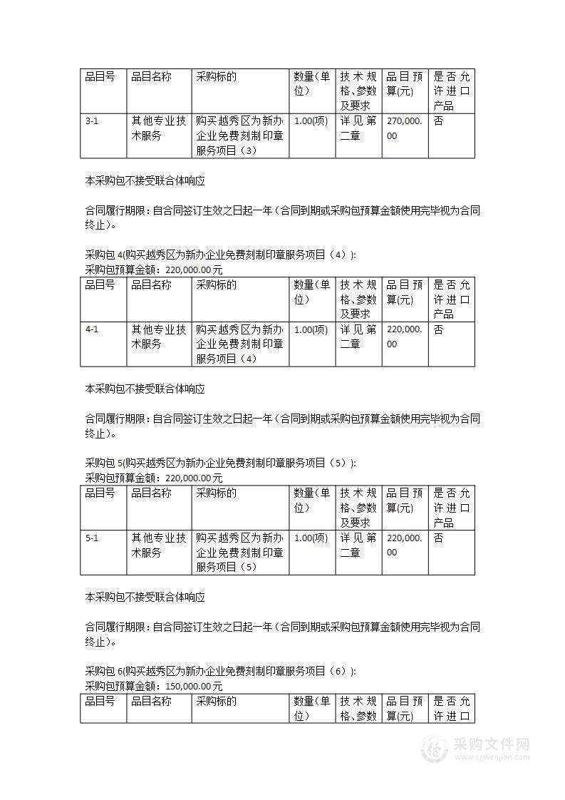 购买2023年越秀区为新办企业免费刻制印章服务项目