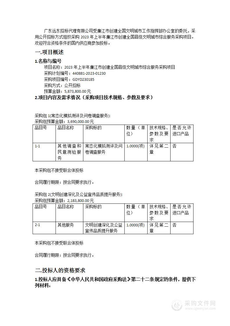 2023年上半年廉江市创建全国县级文明城市综合服务采购项目