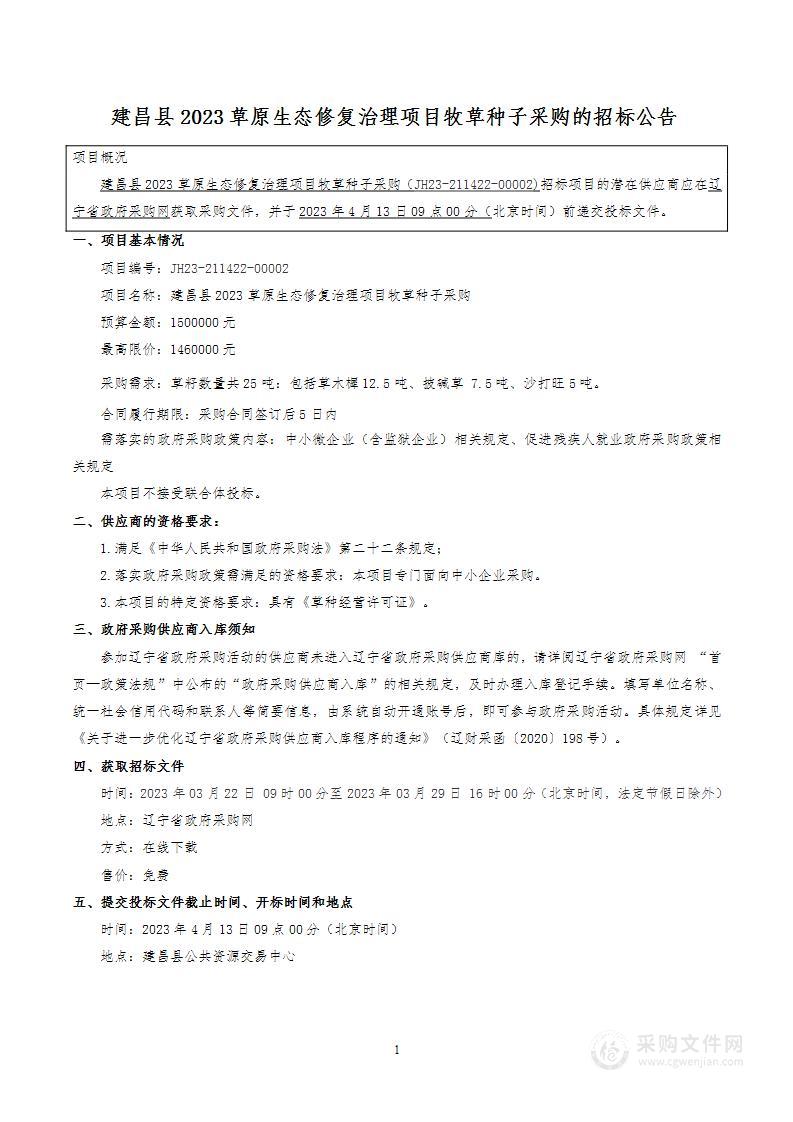 建昌县2023草原生态修复治理项目牧草种子采购