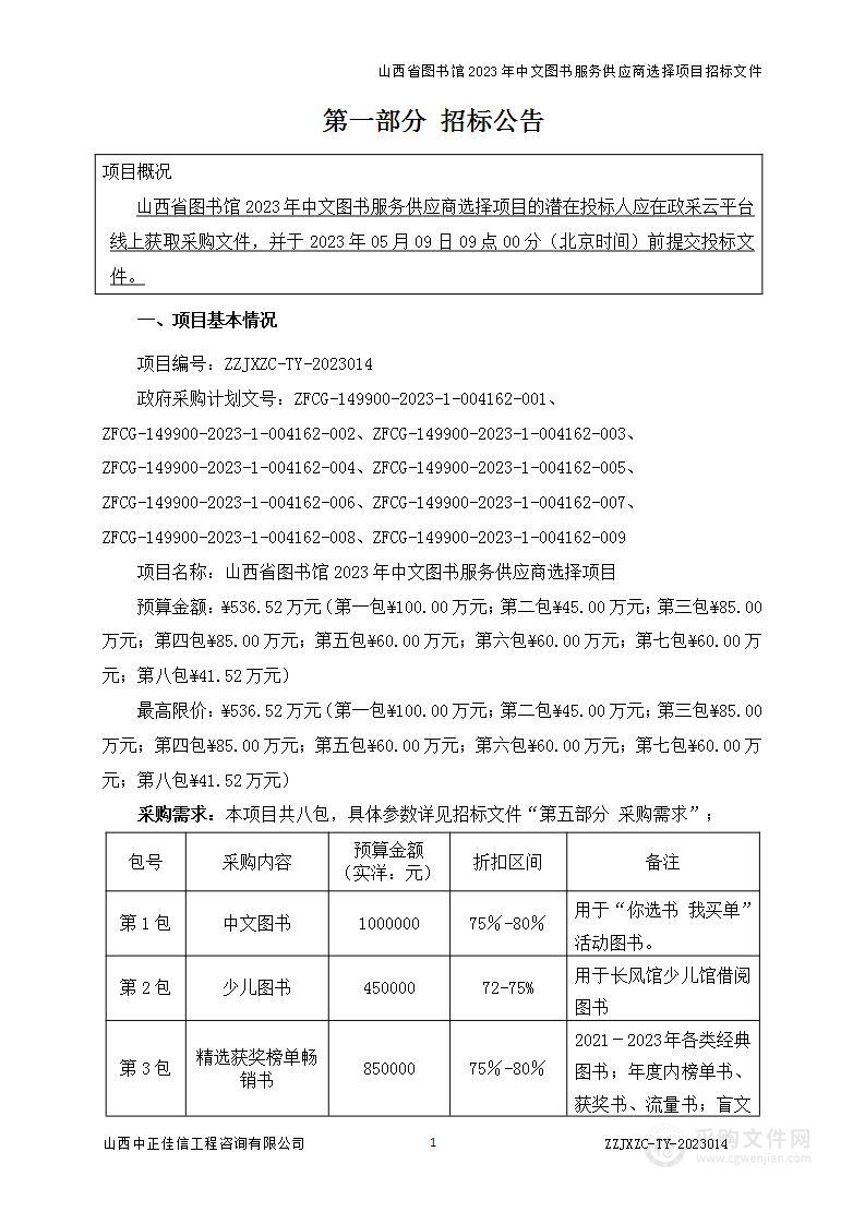 山西省图书馆2023年中文图书服务供应商选择项目