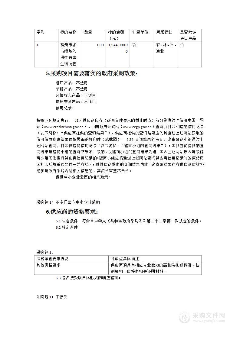 福州市城市绿地入侵性有害生物调查服务项目