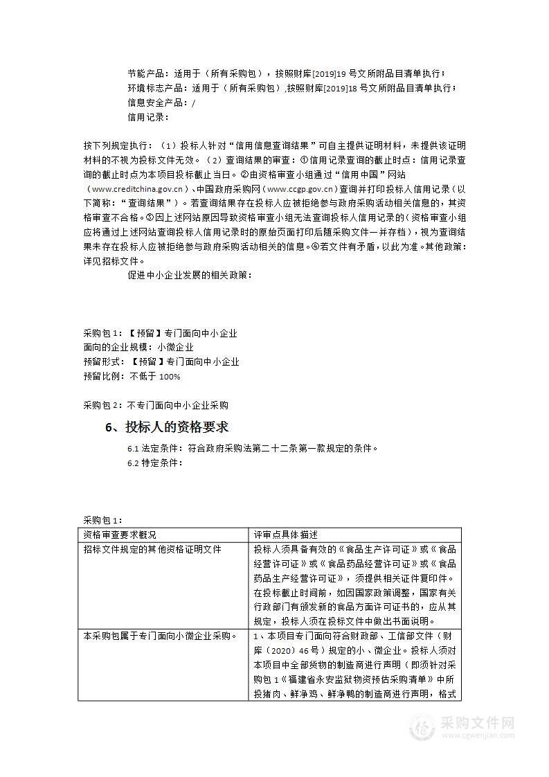 福建省永安监狱2023、2024年罪犯食堂畜禽肉采购项目（货物类采购项目）