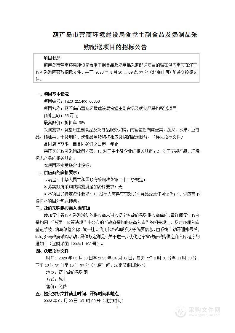 葫芦岛市营商环境建设局食堂主副食品及奶制品采购配送项目