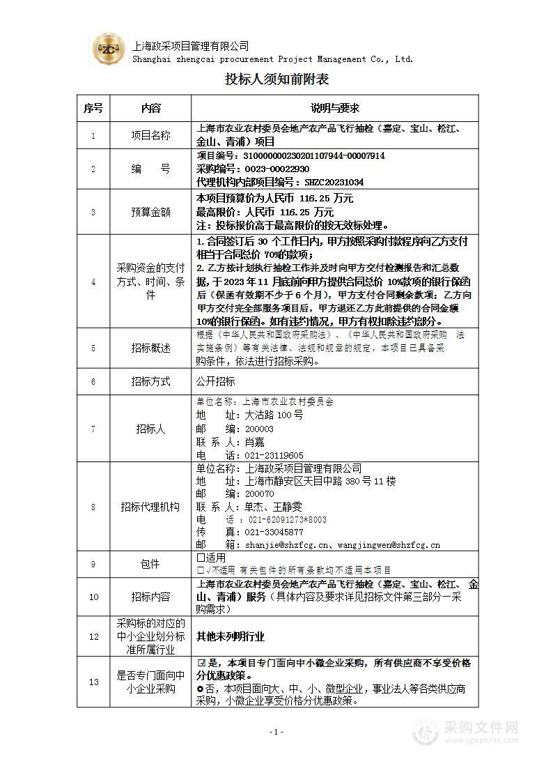 上海市农业农村委员会地产农产品飞行抽检（嘉定、宝山、松江、金山、青浦）项目