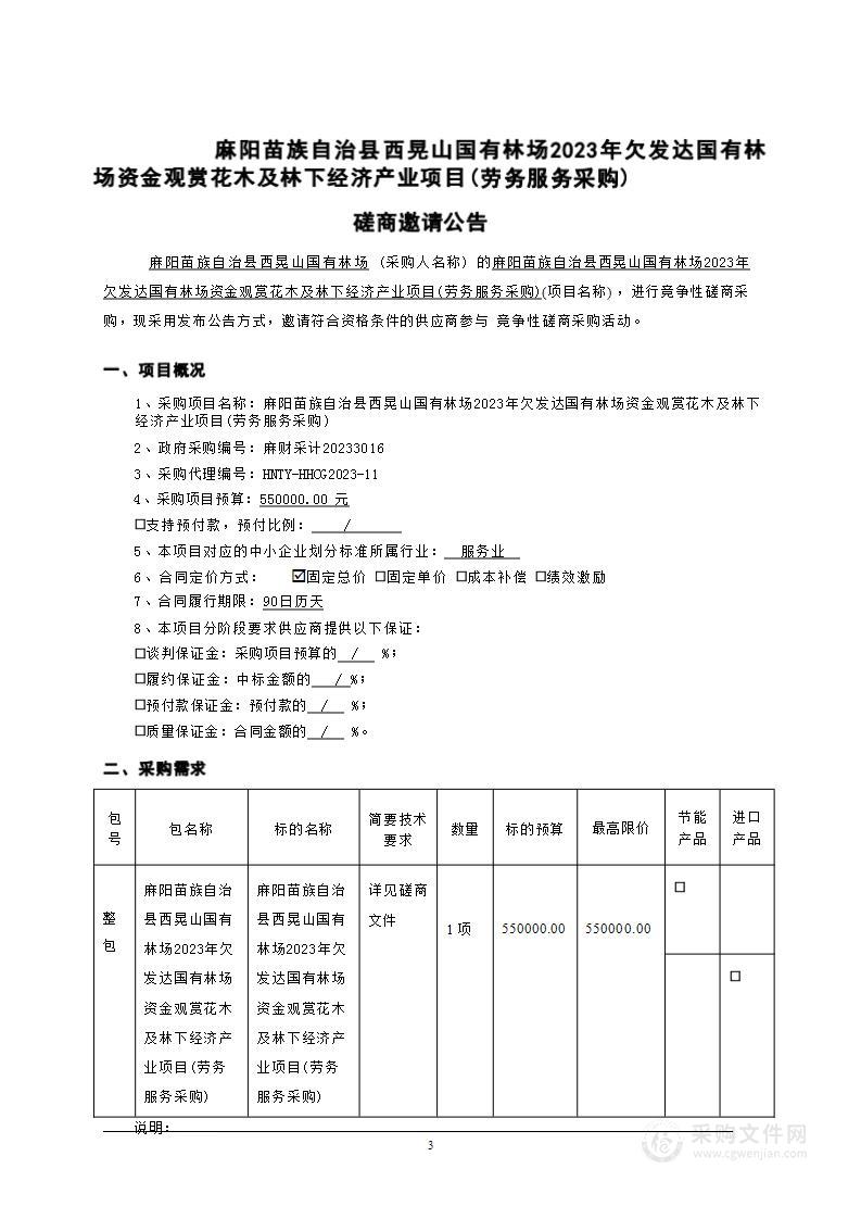 麻阳苗族自治县西晃山国有林场2023年欠发达国有林场资金观赏花木及林下经济产业项目(劳务服务采购)