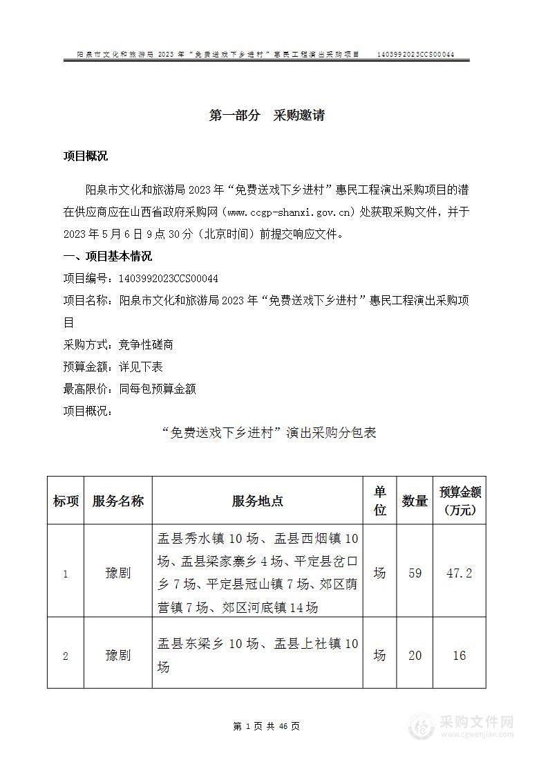 阳泉市文化和旅游局2023年“免费送戏下乡进村”惠民工程演出采购项目