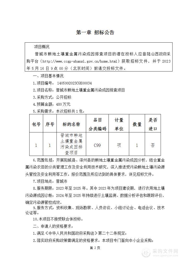 晋城市耕地土壤重金属污染成因排查项目