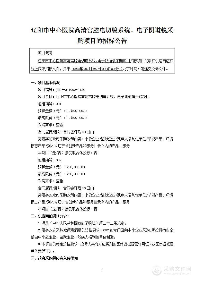 辽阳市中心医院高清宫腔电切镜系统、电子阴道镜采购项目