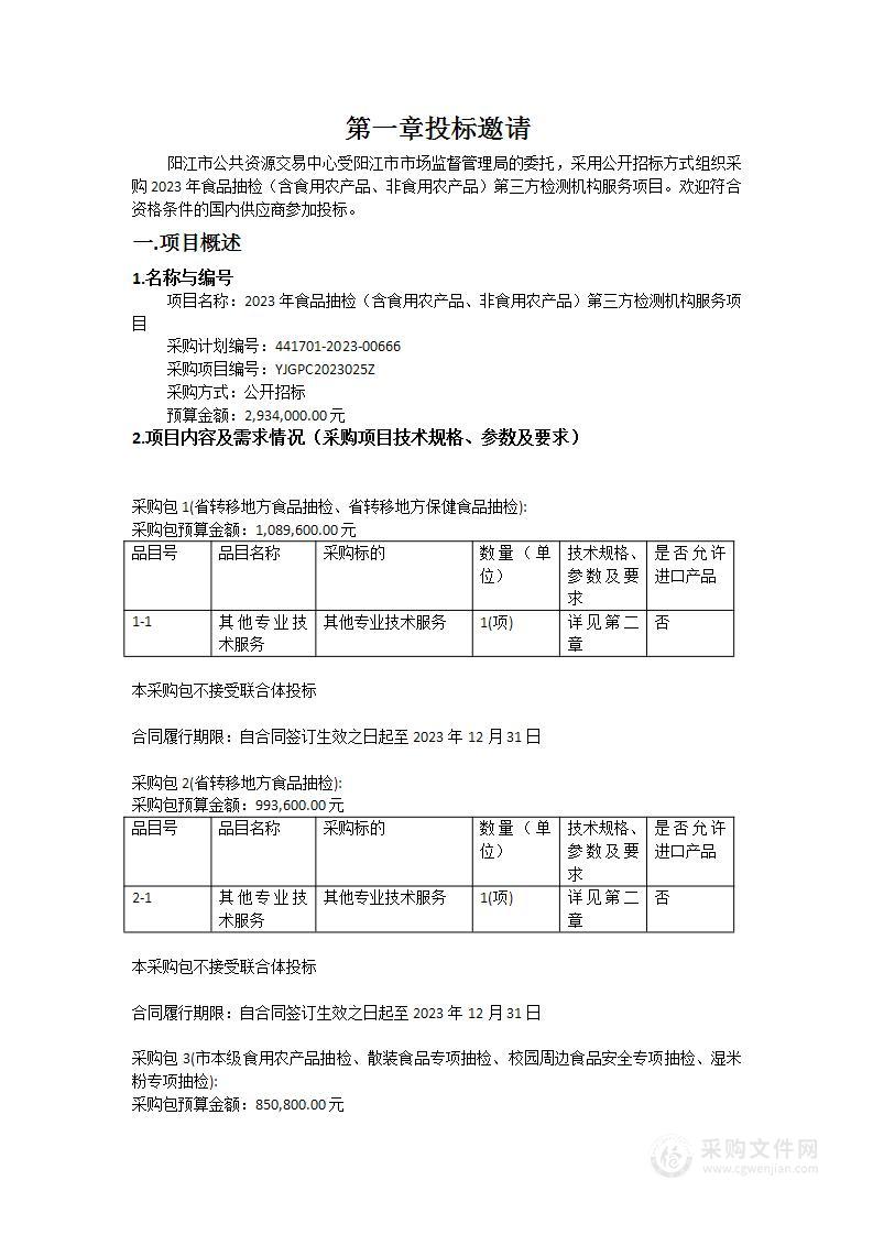 2023年食品抽检（含食用农产品、非食用农产品）第三方检测机构服务项目