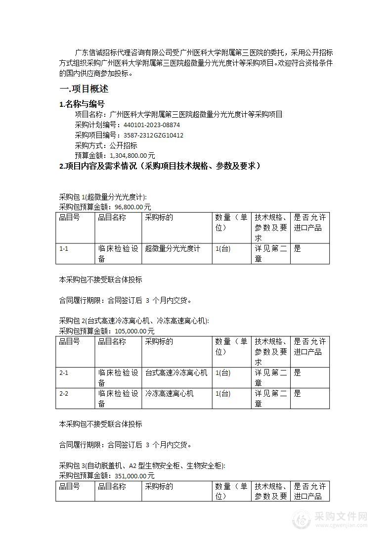 广州医科大学附属第三医院超微量分光光度计等采购项目