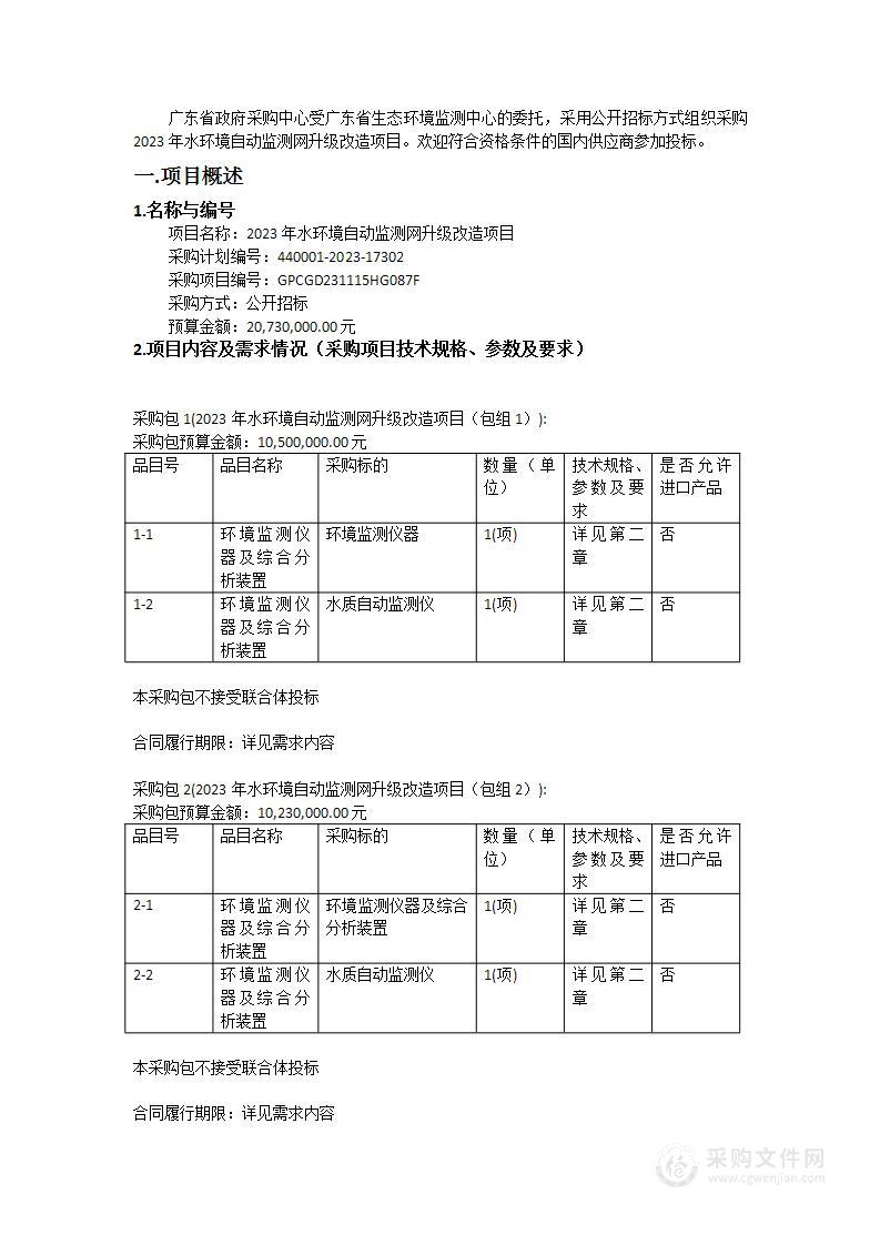 2023年水环境自动监测网升级改造项目