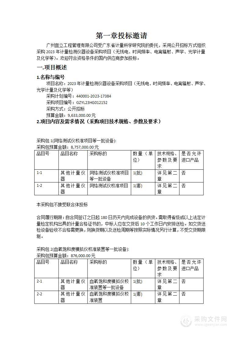 2023年计量检测仪器设备采购项目（无线电、时间频率、电离辐射、声学、光学计量及化学等）