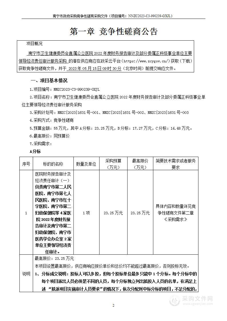 南宁市卫生健康委员会直属公立医院2022年度财务报告审计及部分委属正科级事业单位主要领导经济责任审计服务采购