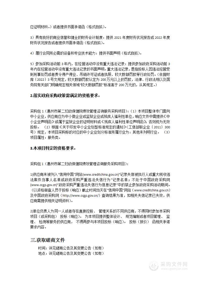 惠州市第二妇幼保健院绩效管理咨询服务采购项目