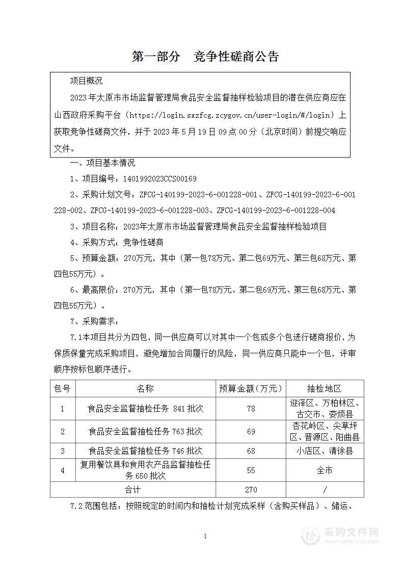 2023年太原市市场监督管理局食品安全监督抽样检验项目