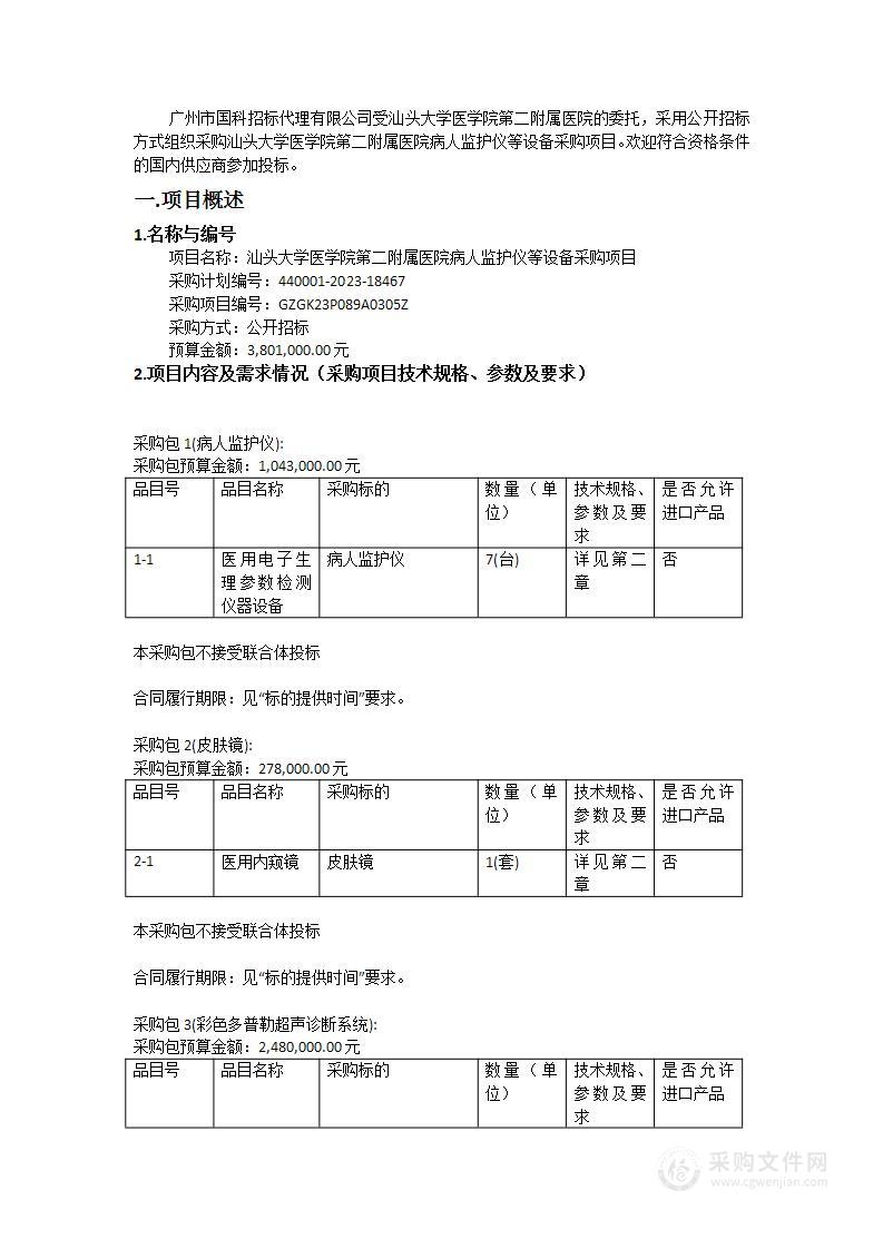 汕头大学医学院第二附属医院病人监护仪等设备采购项目