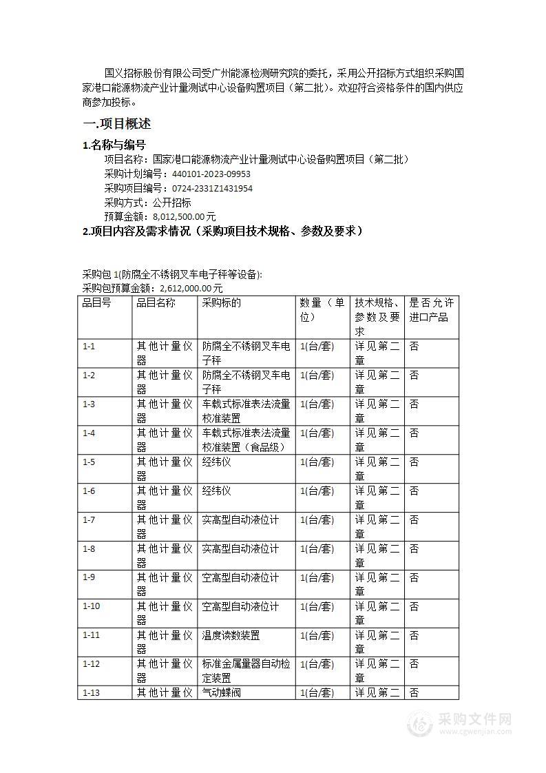 国家港口能源物流产业计量测试中心设备购置项目（第二批）