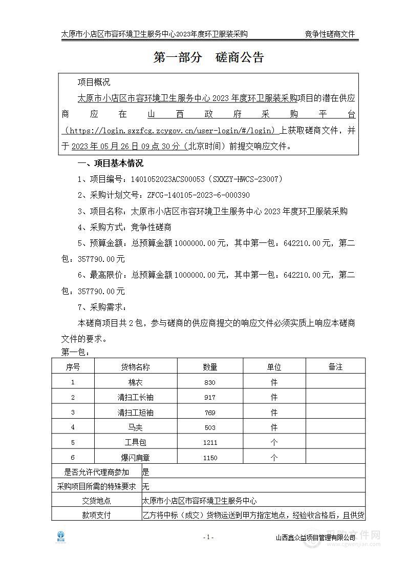 太原市小店区市容环境卫生服务中心2023年度环卫服装采购