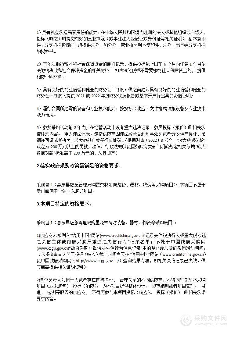 惠东县应急管理局购置森林消防装备、器材、物资等采购项目