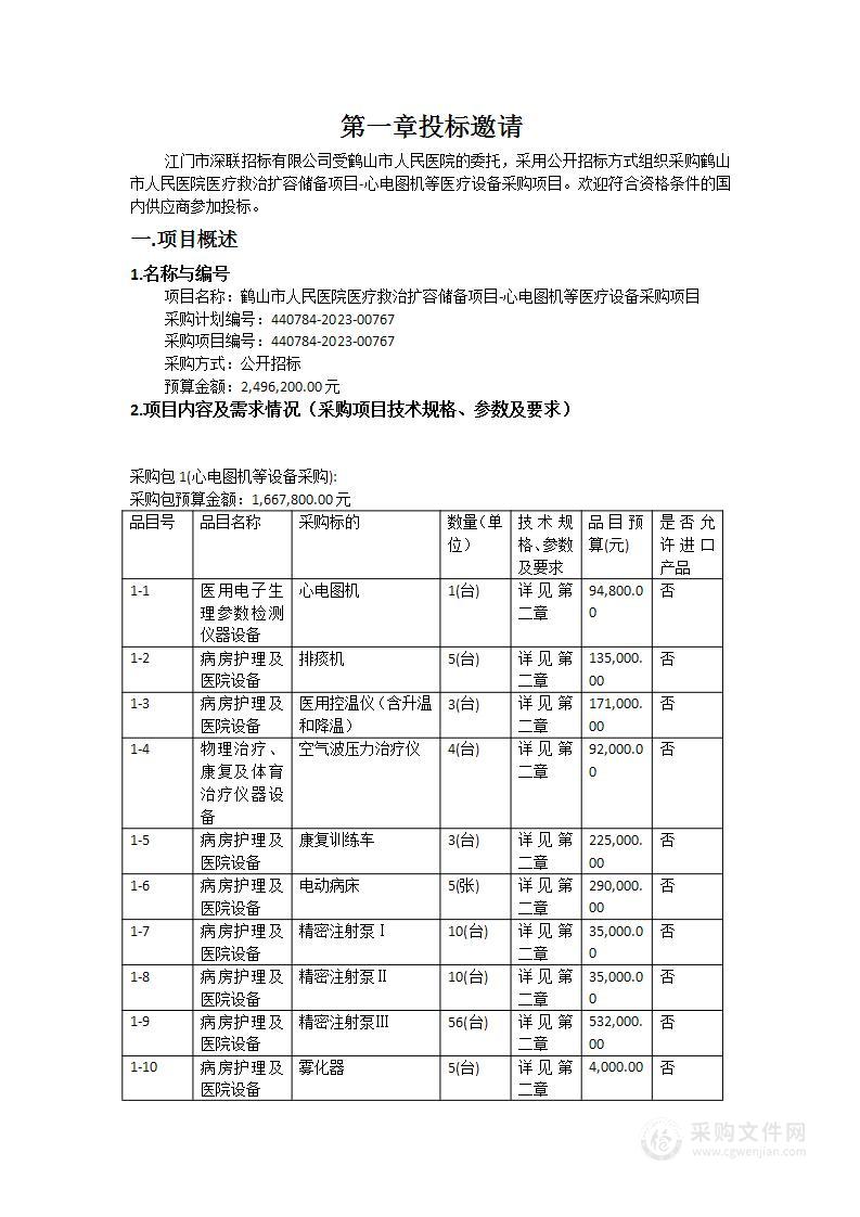 鹤山市人民医院医疗救治扩容储备项目-心电图机等医疗设备采购项目