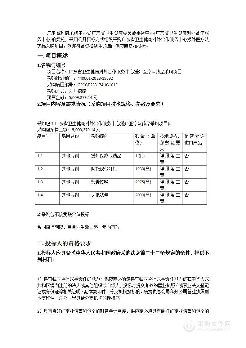 广东省卫生健康对外合作服务中心援外医疗队药品采购项目