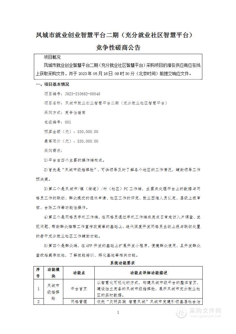 凤城市就业创业智慧平台二期（充分就业社区智慧平台）