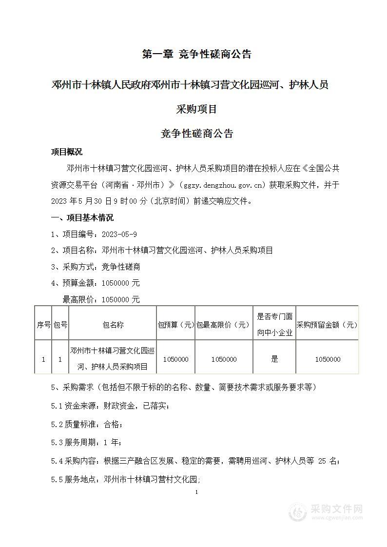 邓州市十林镇人民政府邓州市十林镇习营文化园巡河、护林人员采购项目