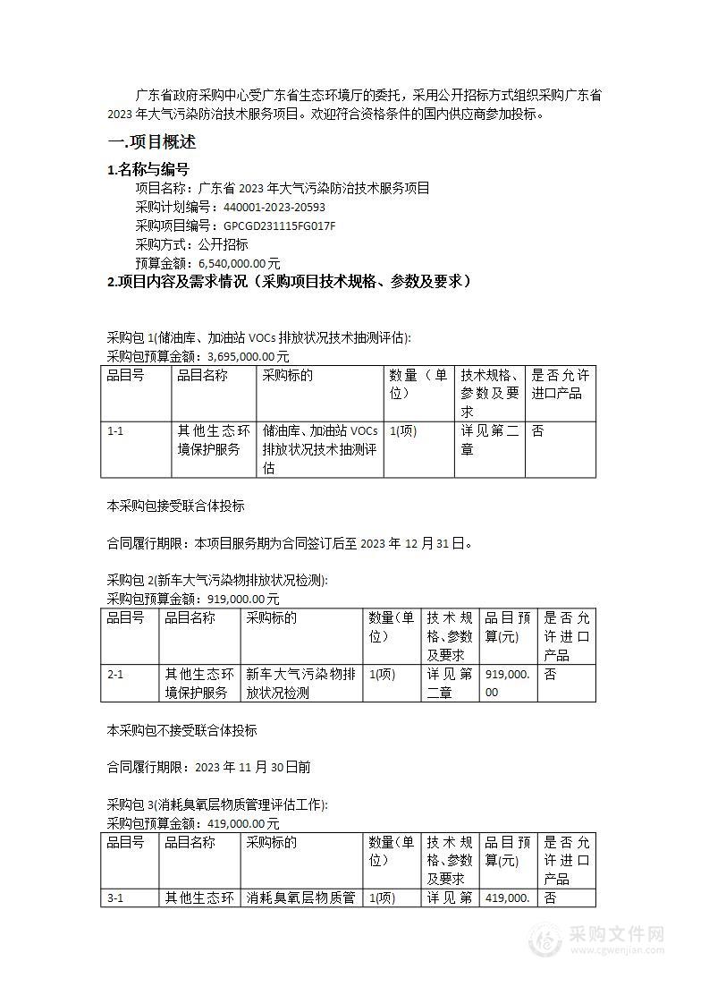 广东省2023年大气污染防治技术服务项目