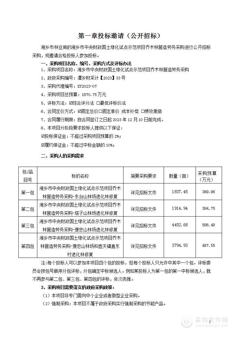 湘乡市中央财政国土绿化试点示范项目乔木林营造劳务采购