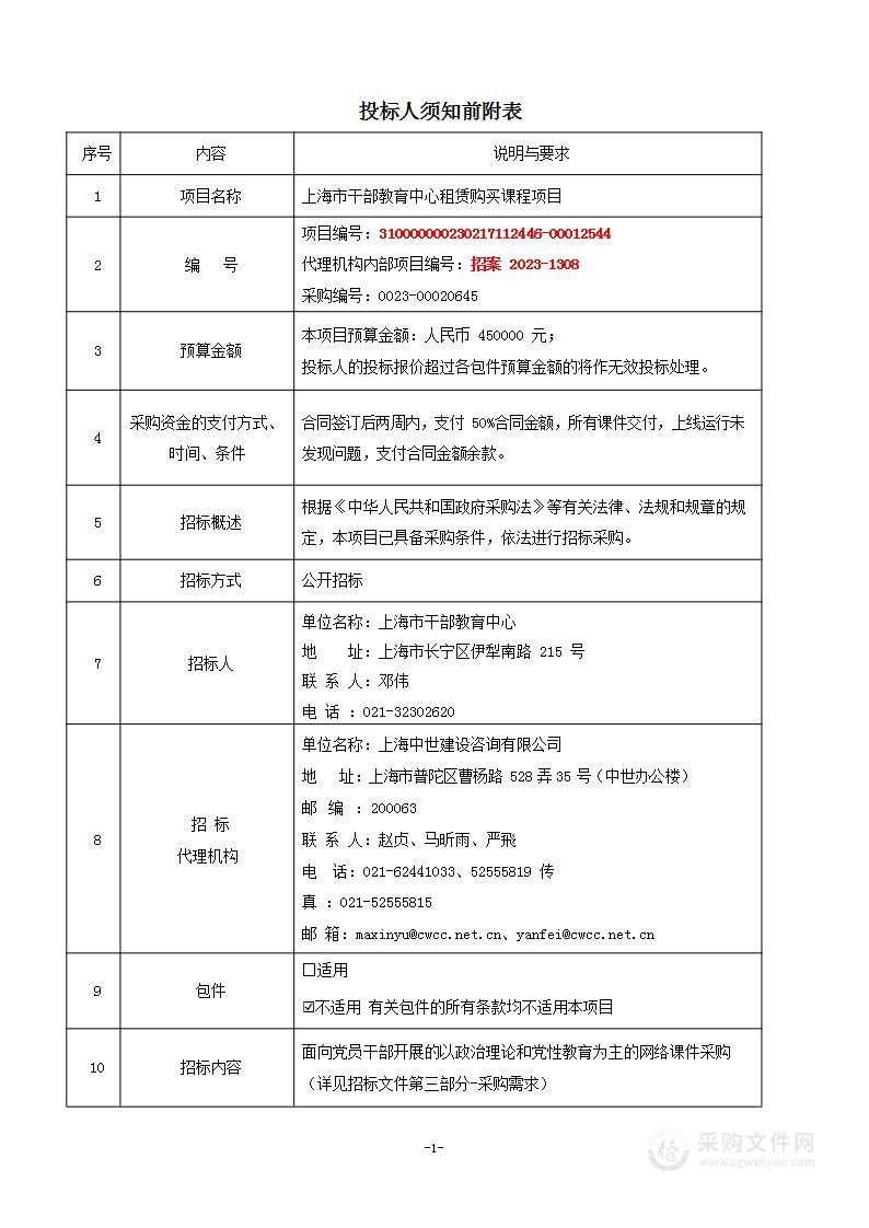 上海市干部教育中心租赁购买课程项目