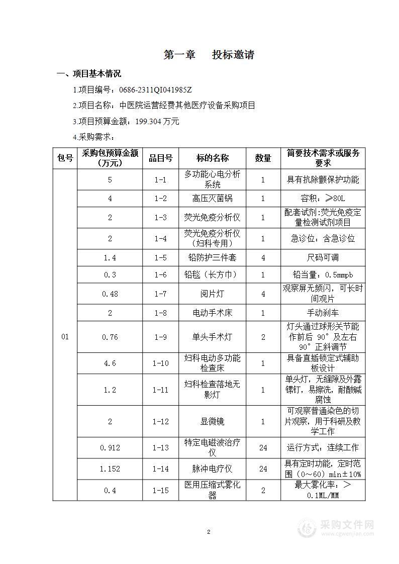 中医院运营经费其他医疗设备采购项目（第一包）