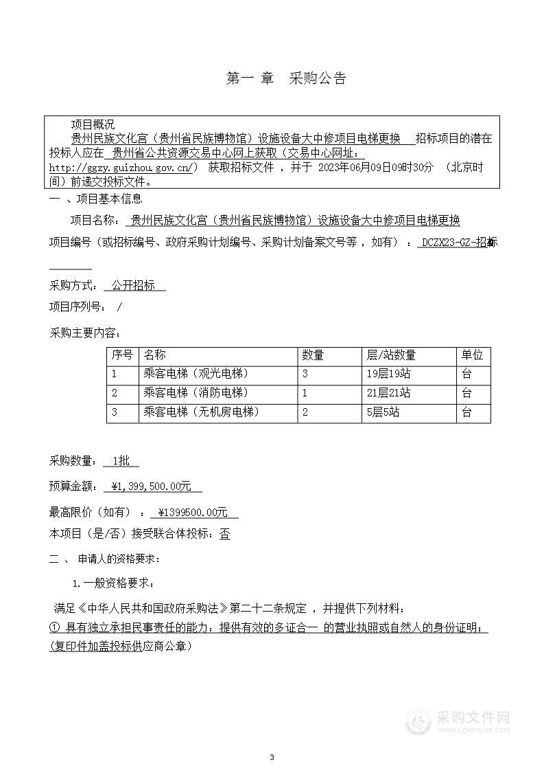 贵州民族文化宫（贵州省民族博物馆）设施设备大中修项目电梯更换