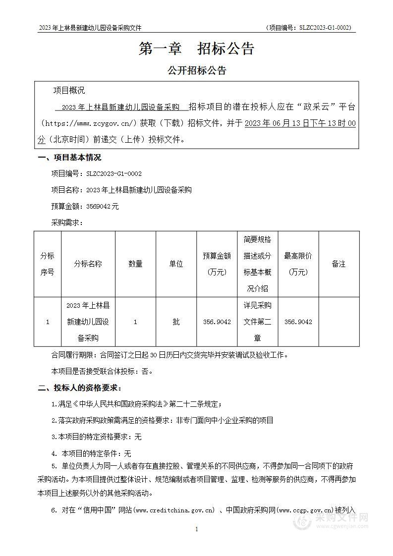 2023年上林县新建幼儿园设备采购